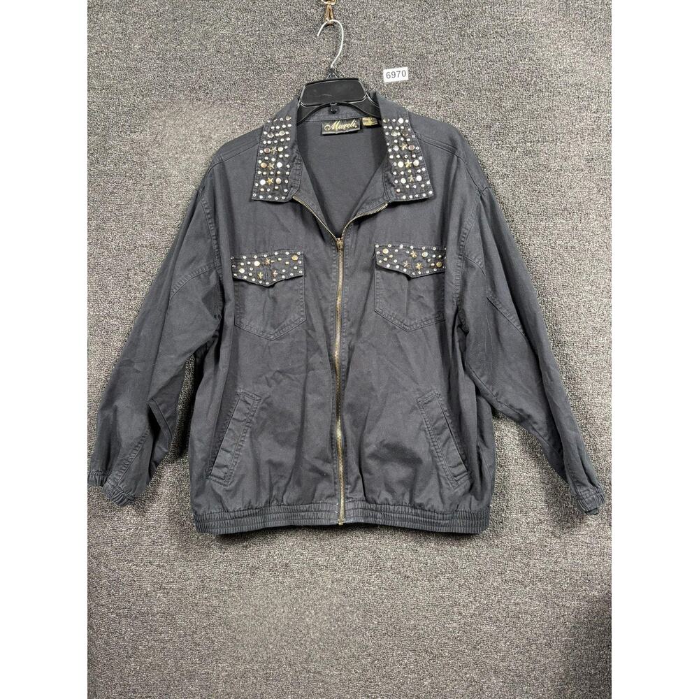 Vintage Mureli Jacket Womens XL Black Studded Rhinestone Bomber Cotton 80s